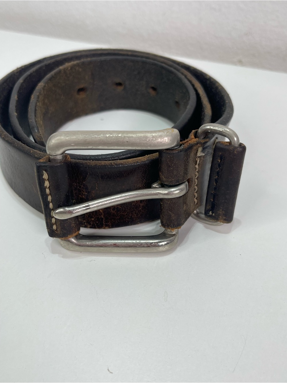 Y2K Structure Belt Brown Men's 34 Leather Brass Rolling Buckle